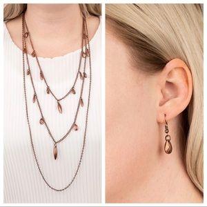 Triple Strand Copper Long Necklace and Earrings Set